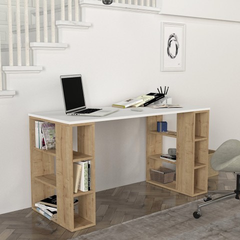 Skrivebord med 6 hylder i hvid træ  140x60x75cm til kontor Leonardo Kampagne