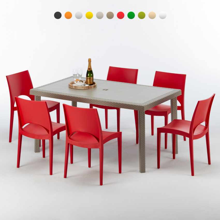 Marion beige havebord sæt: 6 udvalgte farvet stole og 150x90 cm bord Kampagne