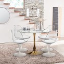 Sæt med 4 hvide Tulip stole og rundt bord 120cm i guld og marmor effekt Saidu+ Udsalg