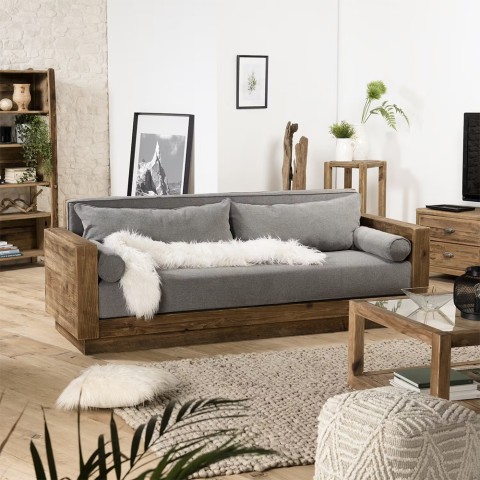 3-personers sofa i rustikt træ med sofahynder i grå stof 225x81x81cm Morgan Kampagne
