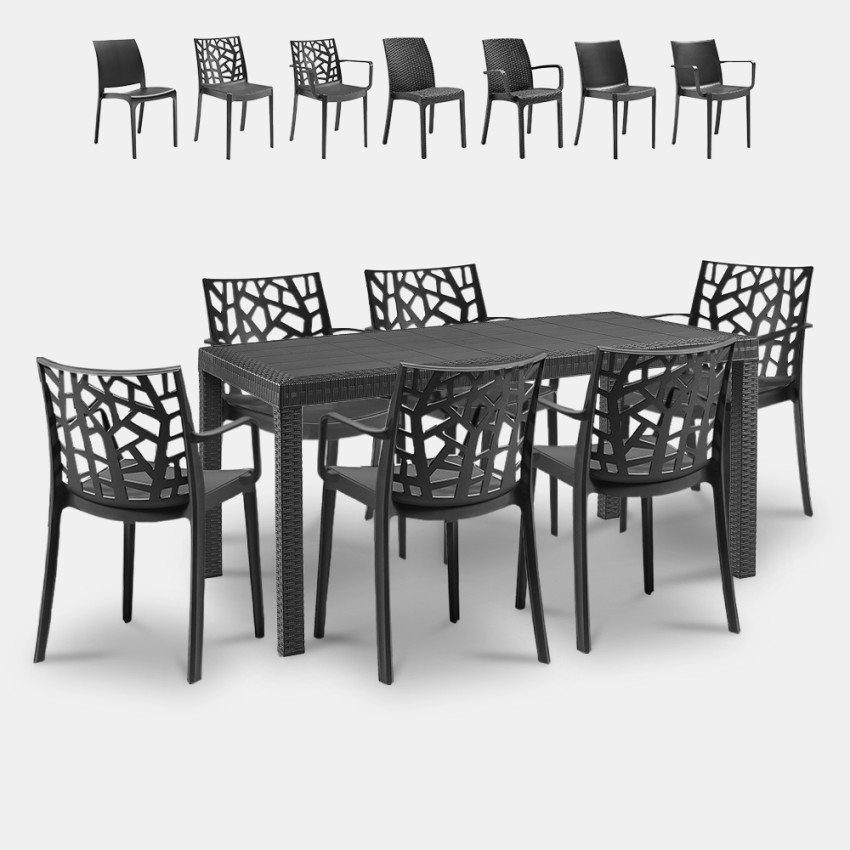 Havemøbelsæt med havebord i rattan 150x90cm og 6 stole i sort Meloria Dark Valgfri
