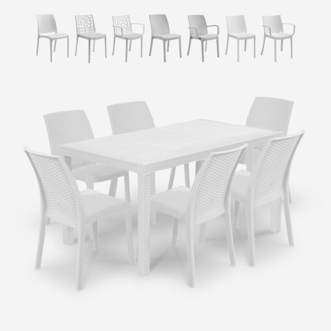 Havemøbelsæt med havebord i rattan 150x90cm og 6 stole i hvid Meloria Light Kampagne