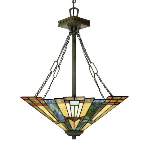 Loftlampe i klassisk Tiffany stil med 3 lys og lampeskærm i farvet glas Inglenook Kampagne