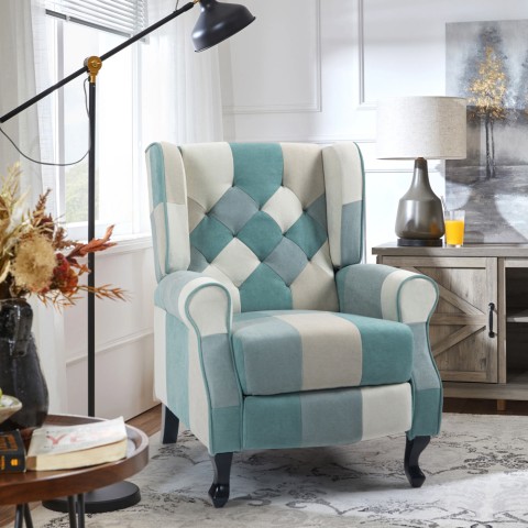 Relax lænestol med patchwork mønster og blå fodskammel Ethron Kampagne