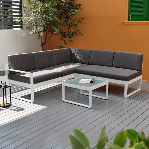 Havemøbelsæt med udendørs hjørnesofa og glas sofabord Jamila Kampagne