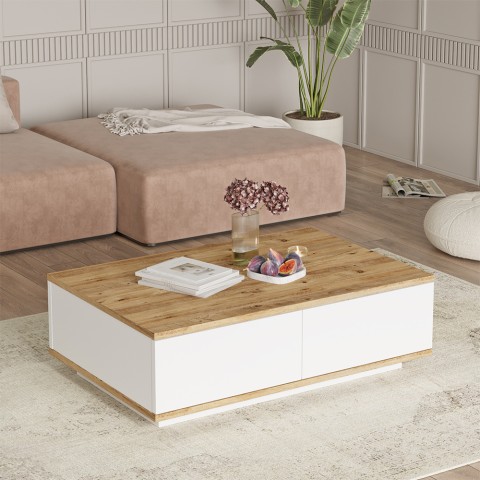 Hvidt lavt sofabord med 2 trælåger 90x60cm Tynne Kampagne