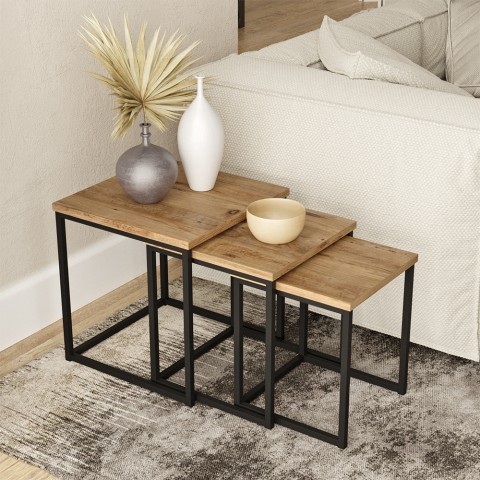 Sidebordssæt med 3 små borde i træ og metal industriel stil Leron Kampagne
