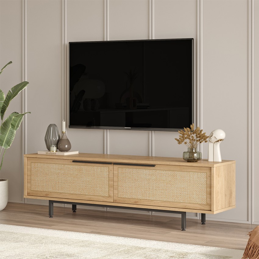 Tv-bord i træ 160x36cm 2 låger med rattan-effekt Bayeaux Kampagne Tv-bord i træ 160x36cm 2 låger med rattan-effekt Bayeaux Kampagne