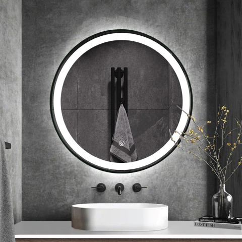 Badeværelses spejl med LED-baggrundslys, rundt 60cm, sort ramme Smidmur M Kampagne