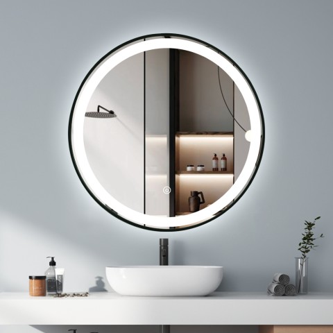 Rundt badeværelse spejl med LED lys og sort bagbelyst ramme 70cm Smidmur L Kampagne
