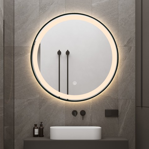 Rundt badeværelse spejl med LED lys og sort bagbelyst ramme 80cm Smidmur XL Kampagne