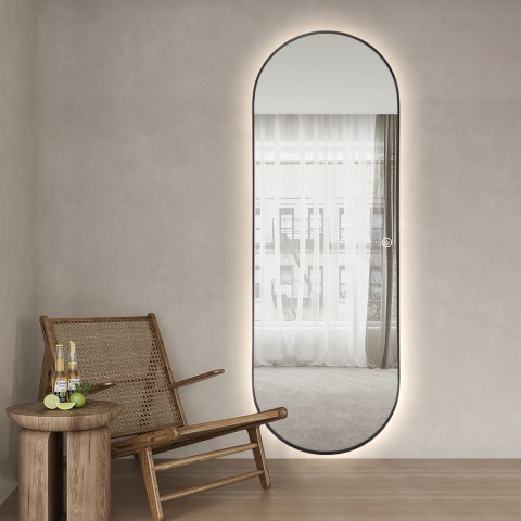 Ovalt vægspejl til stuen 65x170cm baggrundsbelyst ramme Reyk Kampagne