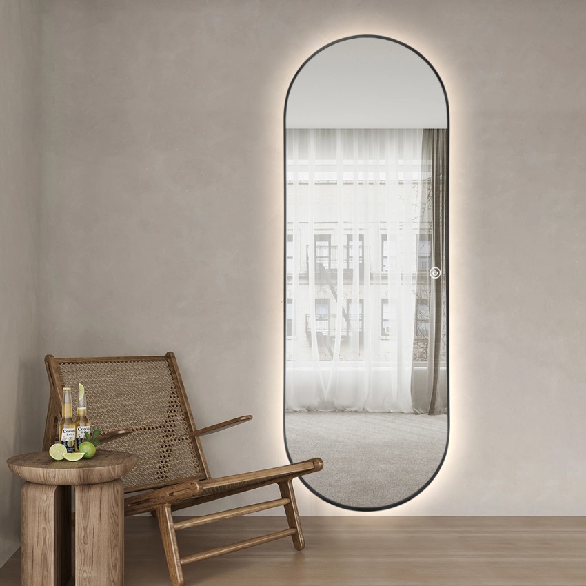 Ovalt vægspejl til stuen 65x170cm med bagbelysning og ramme Reyk Kampagne