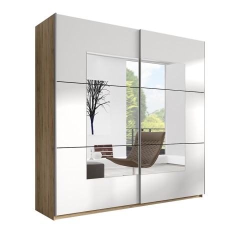 Garderobeskab med skydedøre og spejl til soveværelse 200x60x210 egetræ hvid Lille Kampagne
