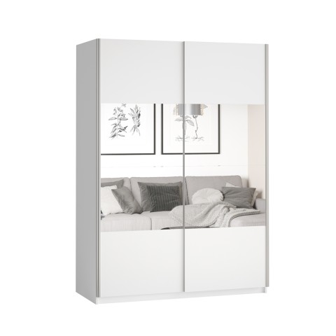 Garderobeskab med skydedøre og spejl til soveværelse 120x61x210 hvid Many Kampagne