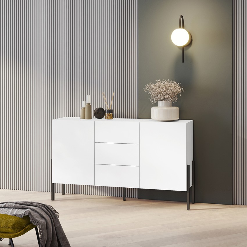Skænk med 2 skabe 3 skuffer i hvid moderne design til stue og køkken Kinsha Kampagne Skænk med 2 skabe 3 skuffer i hvid moderne design til stue og køkken Kinsha Kampagne