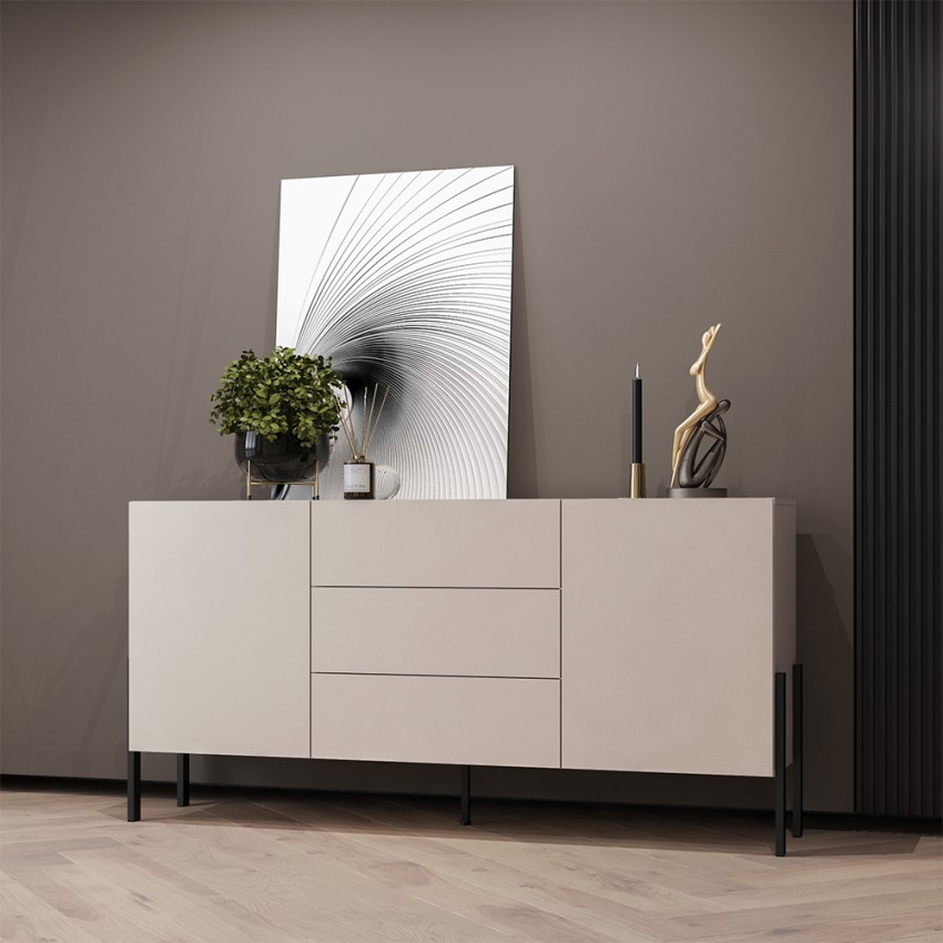 Skænk med 2 skabe 3 skuffer i beige moderne design til stue og køkken 184x40x89cm Sibel Kampagne Skænk med 2 skabe 3 skuffer i beige moderne design til stue og køkken 184x40x89cm Sibel Kampagne