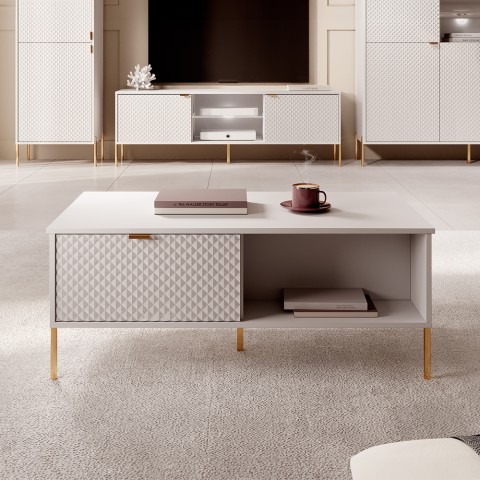 Sofabord med opbevaring 2 skabslåger i hvid gylden design Oviedo Kampagne