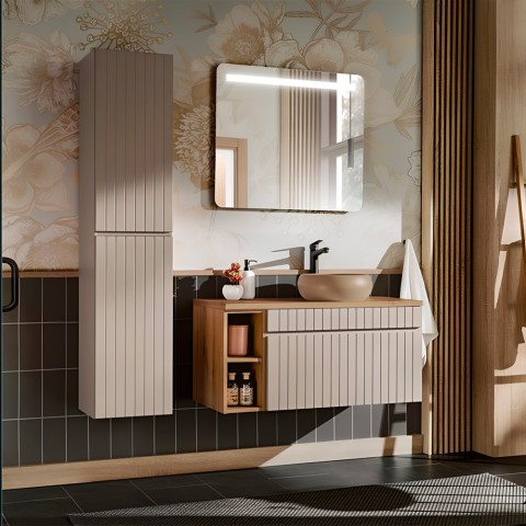 Badeværelsesmøbel sæt med beige håndvask spejl og væghængt skab Coast 100 SNA Kampagne