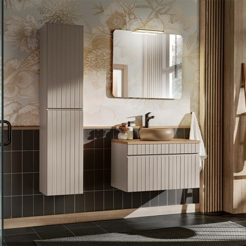 Badeværelsesmøbel sæt med beige håndvask spejl og væghængt skab Coast 80 SA Kampagne