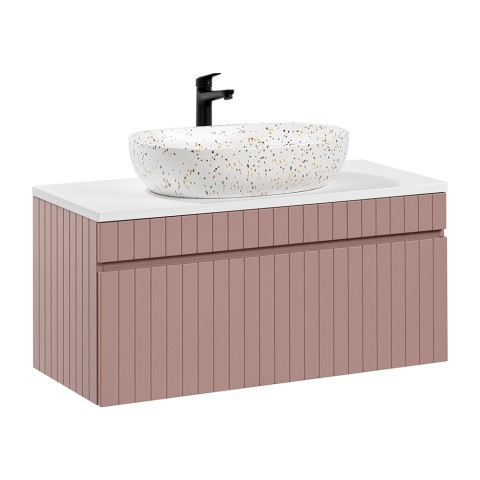Badeværelsesmøbel med håndvask skuffe i lyserød og hvid væghængt design Lili 100 Kampagne