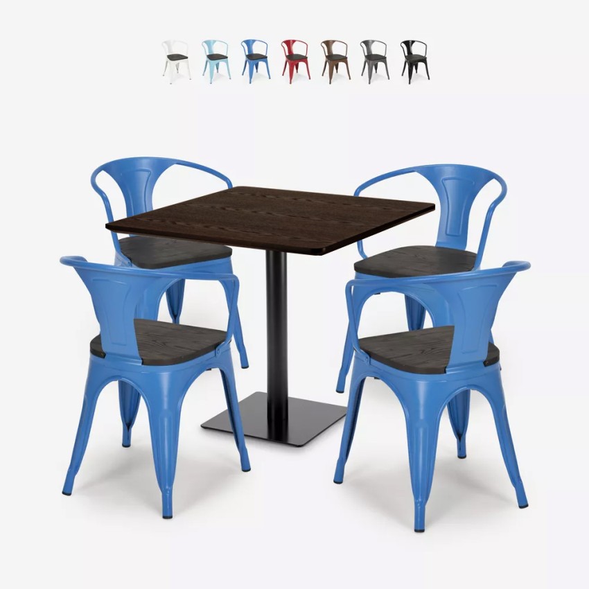 Burke cafebord sæt: 4 industrielt farvet stole og 90x90 cm træ bord Mængderabat Burke cafebord sæt: 4 industrielt farvet stole og 90x90 cm træ bord Mængderabat