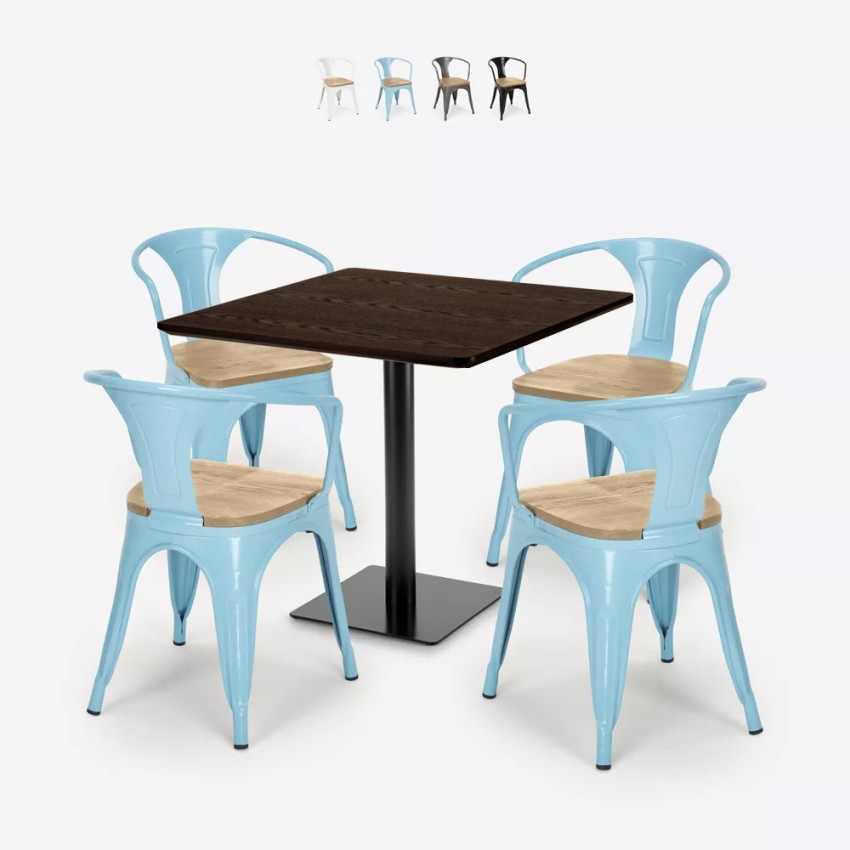 Dunmore cafebord sæt: 4 industrielt farvet stole og 90x90 cm træ bord På Tilbud Dunmore cafebord sæt: 4 industrielt farvet stole og 90x90 cm træ bord På Tilbud