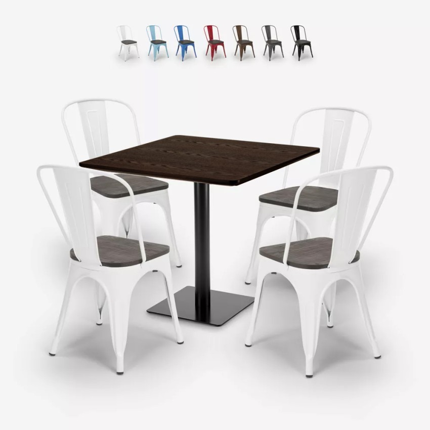 Edgar cafebord sæt: 4 industrielt farvet stole og 90x90 cm træ bord Rabatter Edgar cafebord sæt: 4 industrielt farvet stole og 90x90 cm træ bord Rabatter