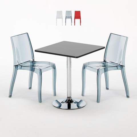 Platinum sort cafebord sæt: 2 Cristal light gennemsigtig stole og 70cm kvadratisk bord