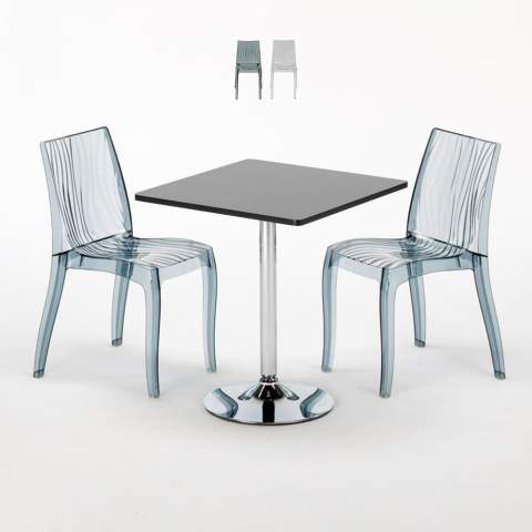 Platinum sort cafebord sæt: 2 Dune gennemsigtig stole og 70cm kvadratisk bord