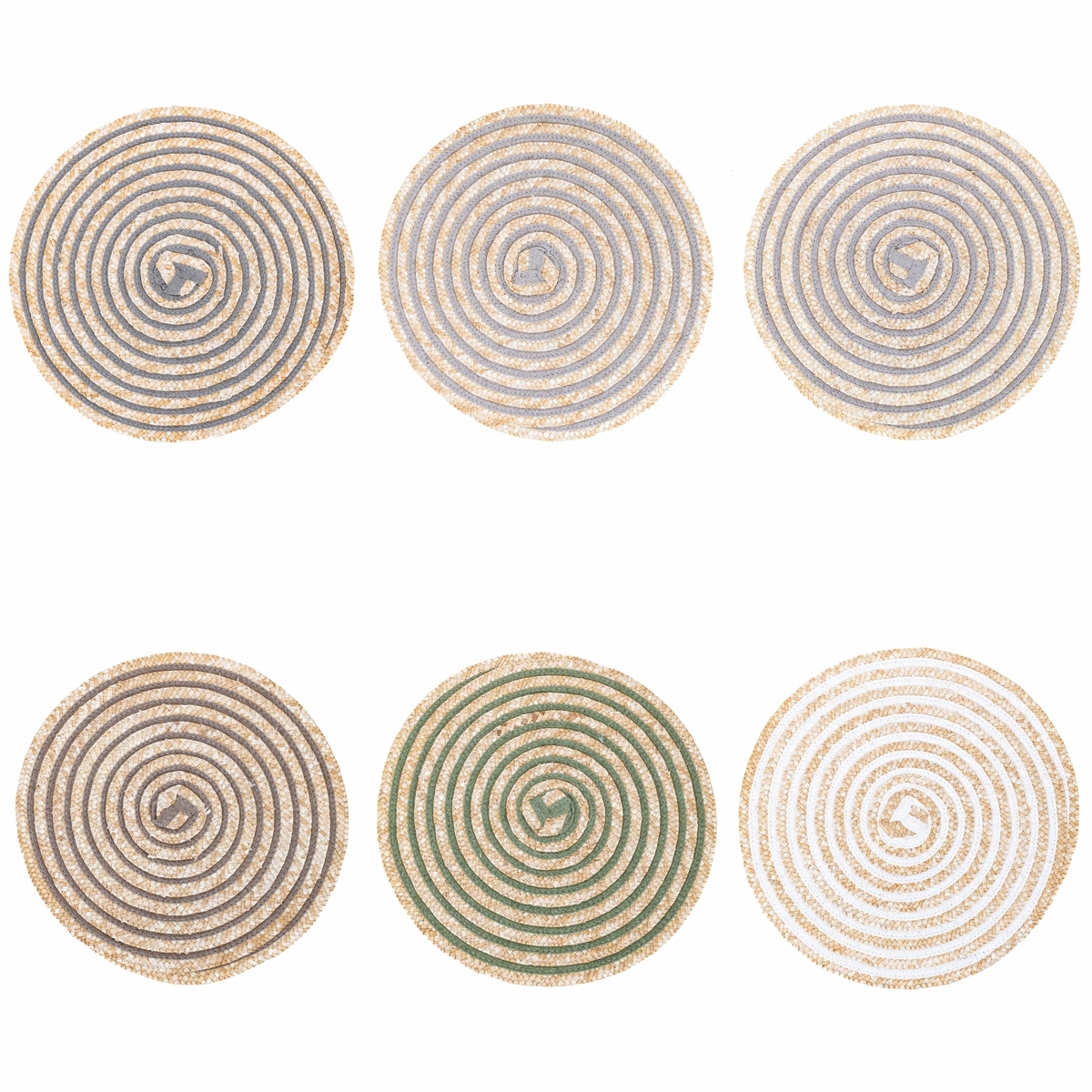 Sæt med 6 runde dækkeservietter i flettet strå Ø38cm Spiral Stone Kampagne Sæt med 6 runde dækkeservietter i flettet strå Ø38cm Spiral Stone Kampagne