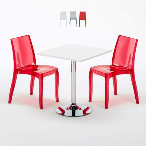 Titanium hvid cafebord sæt: 2 Cristal light gennemsigtig stole og 70cm kvadratisk bord Kampagne