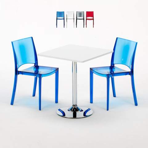 Demon hvidt cafebord sæt: 2 B-side gennemsigtig stole og 70cm kvadratisk bord