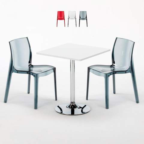 Demon hvidt cafebord sæt: 2 Femme Fatale gennemsigtig stole og 70cm kvadratisk bord