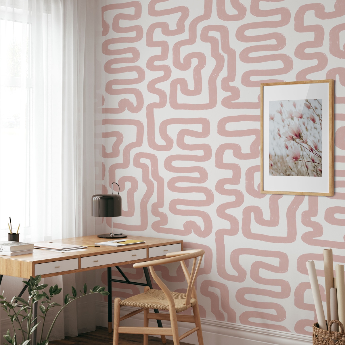 Moderne tapet med geometrisk design i abstrakt hvid og rosa Kampagne