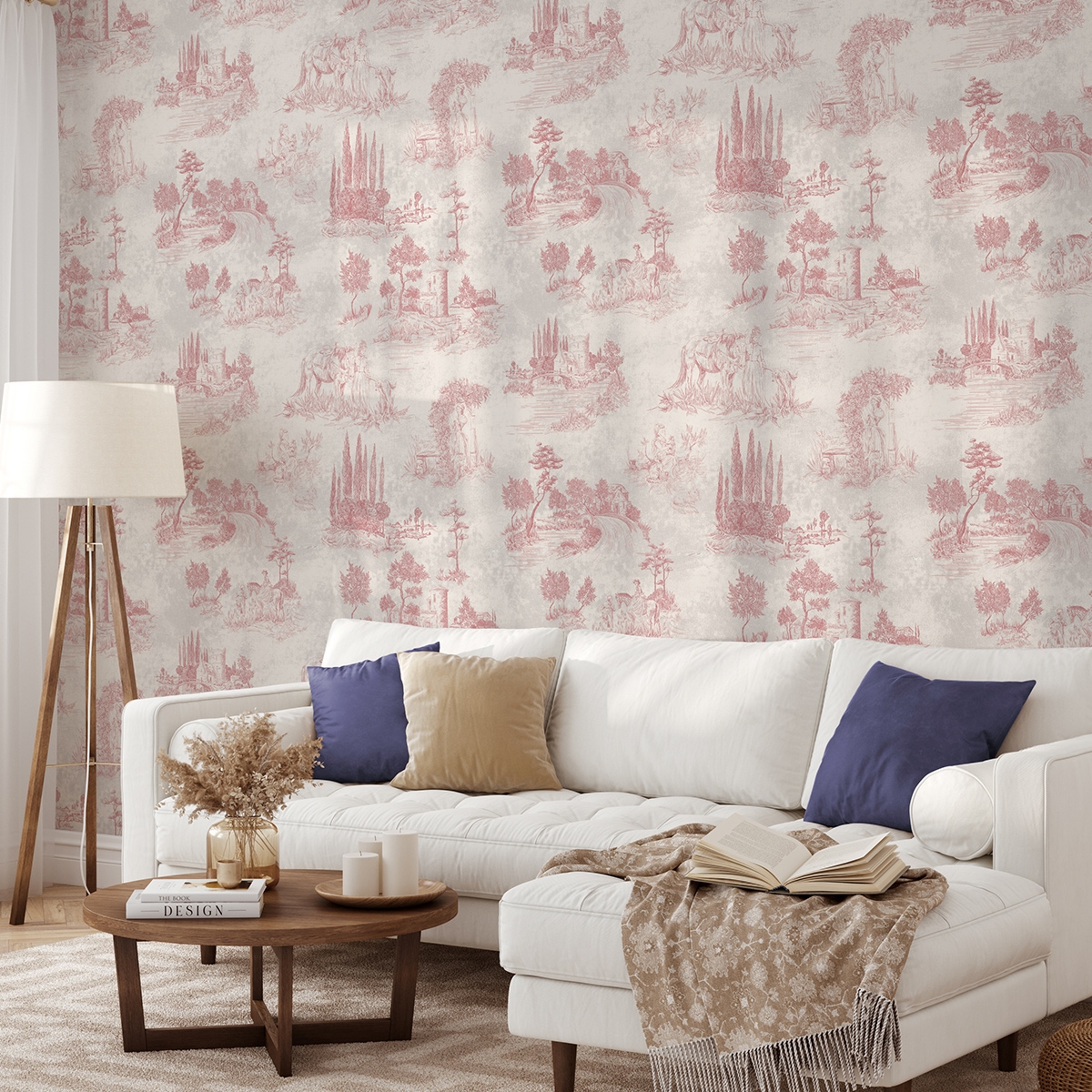 Vintage tapet med rosa landskaber til stuen Toile de Jouy Rosa Kampagne Vintage tapet med rosa landskaber til stuen Toile de Jouy Rosa Kampagne