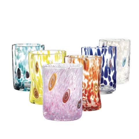 Sæt 6 vandglas i assorteret farvet glas 10 cm Murrine Kampagne