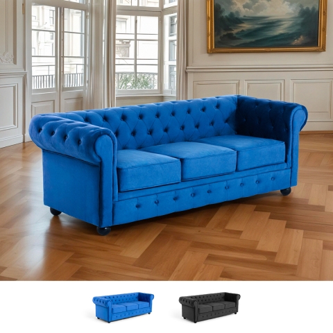 Chesterfield sofa i velour 3 sæders klassisk vintage stil Norwich Kampagne