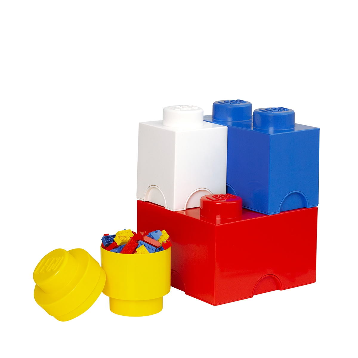 Sæt med 4 opbevaringsbokse i hvid, blå, rød og gul LEGO Storage Brick Multi Pack Kampagne Sæt med 4 opbevaringsbokse i hvid, blå, rød og gul LEGO Storage Brick Multi Pack Kampagne