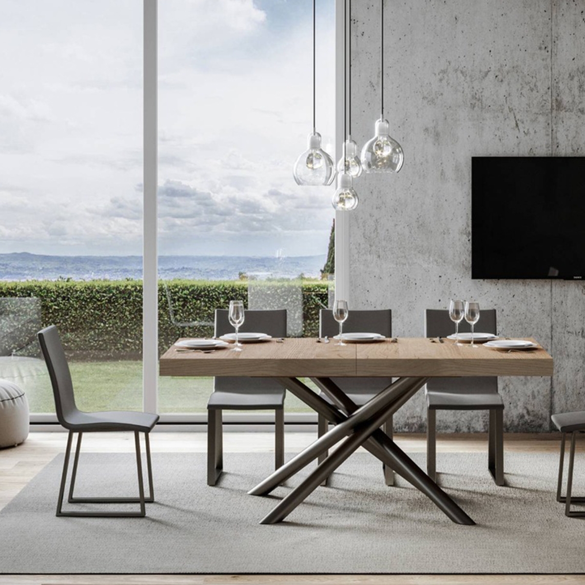 Udtræksbord i industrielt design, antracit træ, 90x180-440 Famas Kampagne