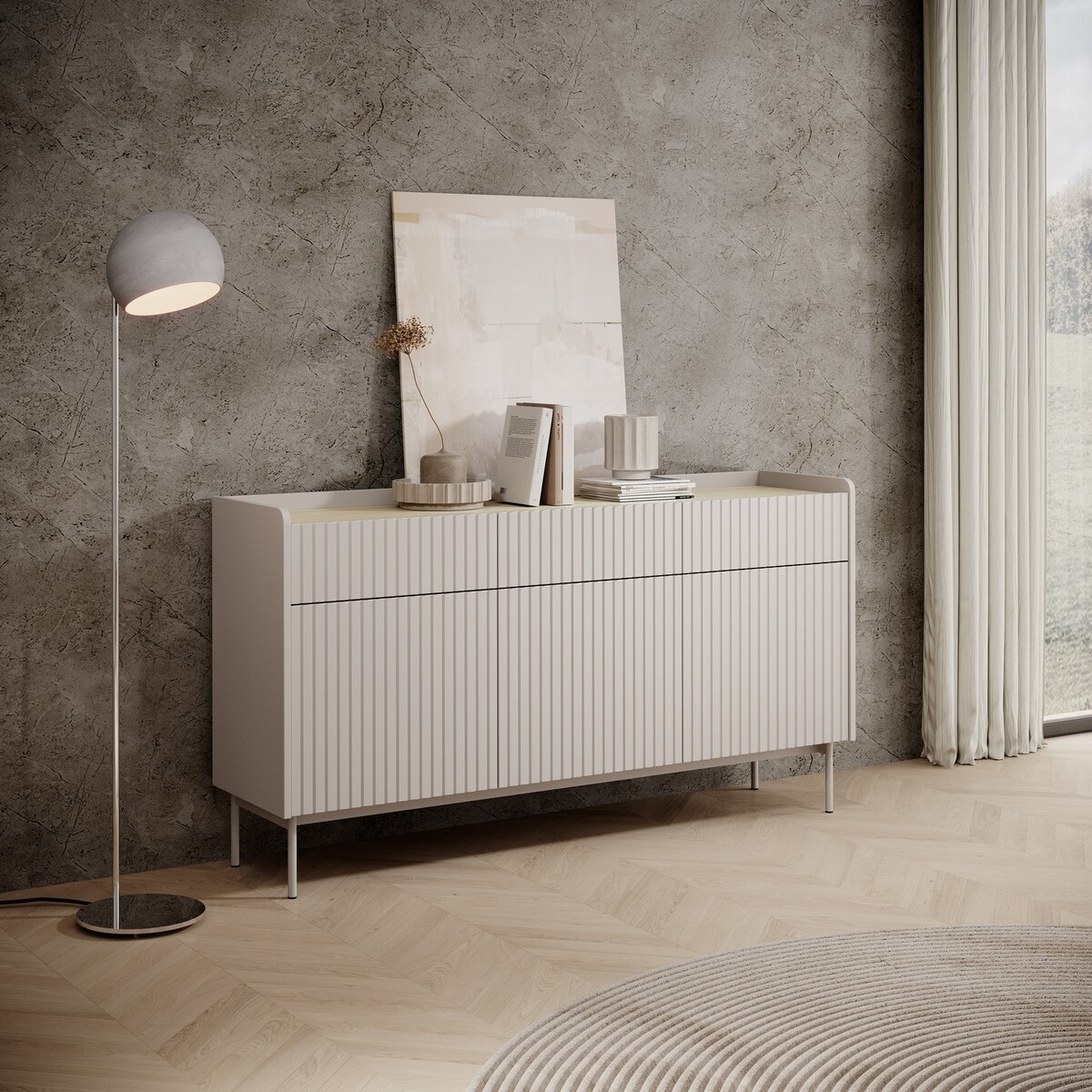 Moderne beige skænk med 3 skuffer og 3 låger, Bitter design Kampagne