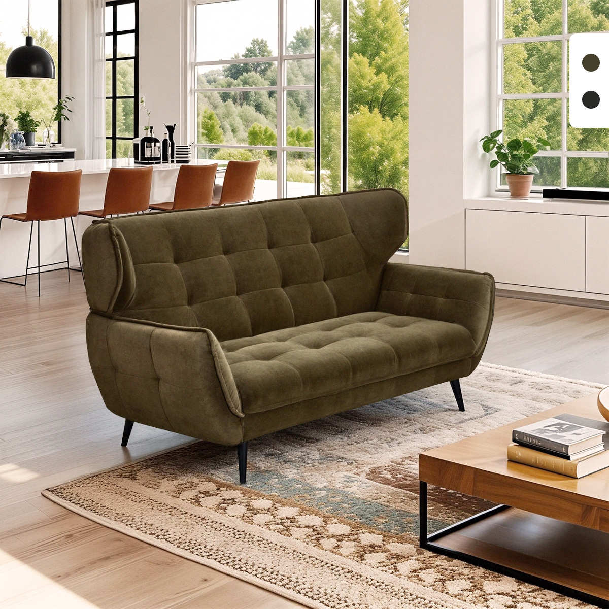2-personers designsofa i fløjlsstof med capitonné-stil Vaaru Kampagne 2-personers designsofa i fløjlsstof med capitonné-stil Vaaru Kampagne