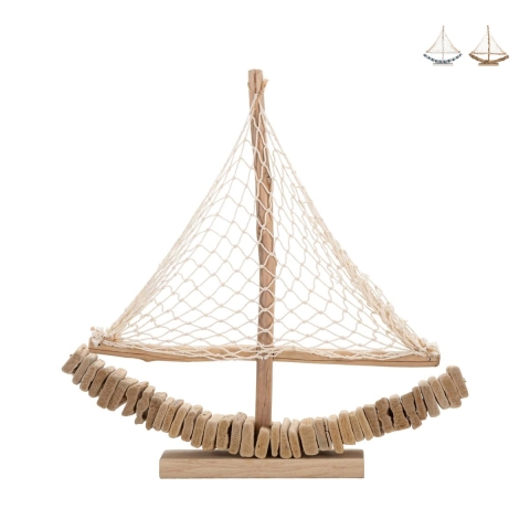 Træskulptur sejlskib med stofnet 45x45x7 cm Enok Kampagne