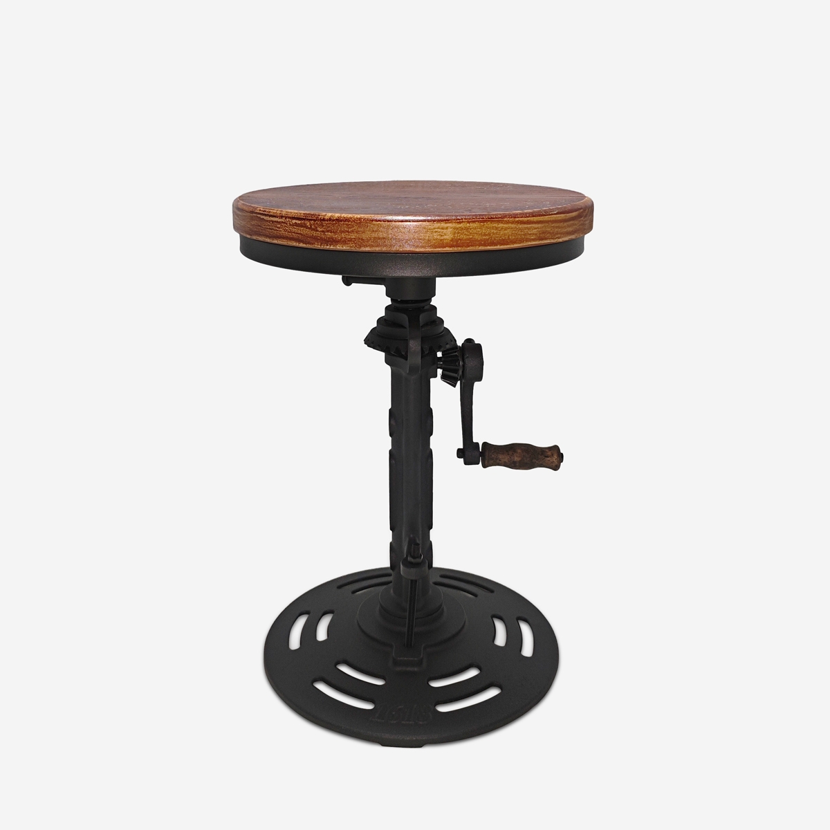 Justerbar skammel i vintage industriel design med håndsving Zunor Kampagne