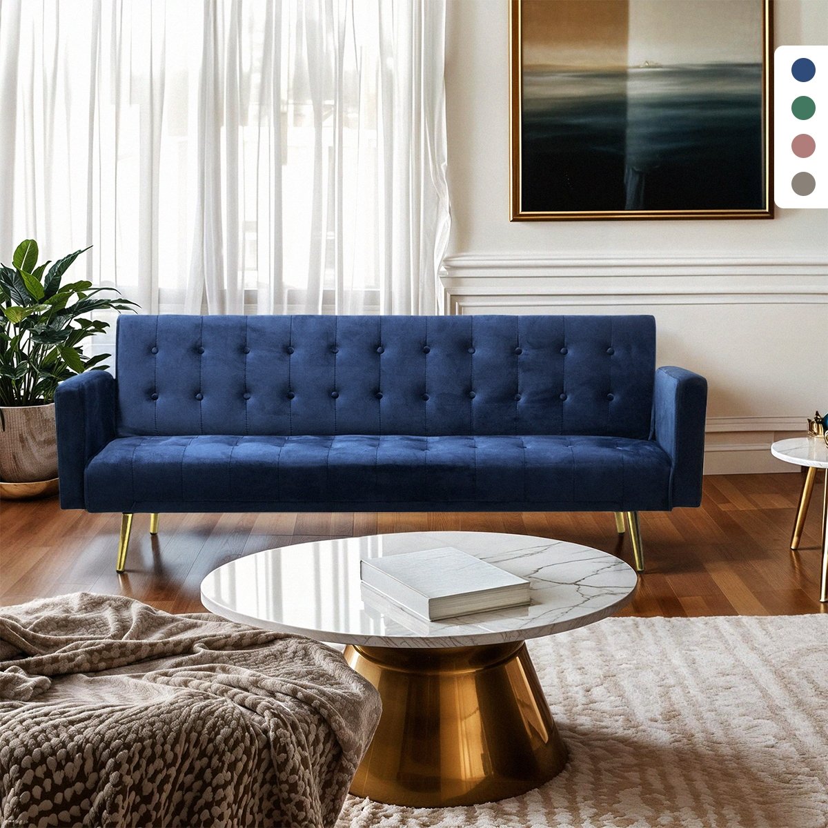 Caullae moderne 3 personers sofa fløjls sovesofa med gyldne metalben