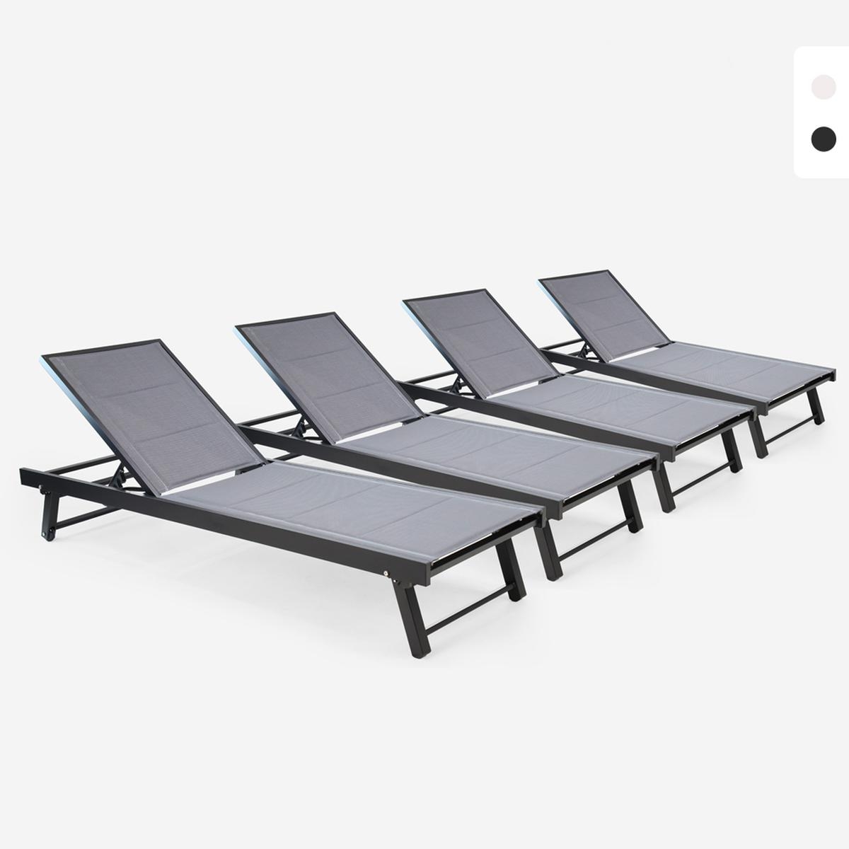 Sæt af 4 justerbare solsenge i aluminium med hjul til have terrasse og pool Rimini Kampagne Sæt af 4 justerbare solsenge i aluminium med hjul til have terrasse og pool Rimini Kampagne