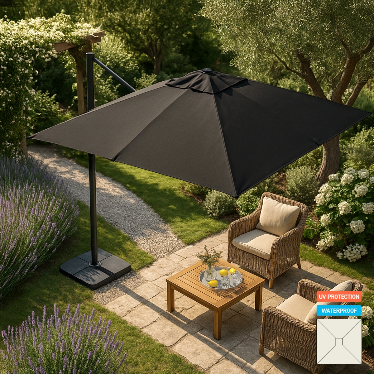 Paradise Noir 3x3m kvadratisk hænge parasol til have altan med tilt Kampagne