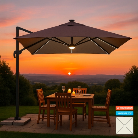 Parasol med decentral stang og justerbar arm med LED sollys 3x3m Paradise Light Brown Kampagne