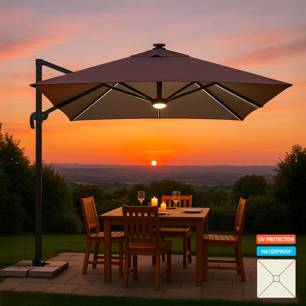 Parasol med decentral stang og justerbar arm med LED sollys 3x3m Paradise Light Brown Kampagne