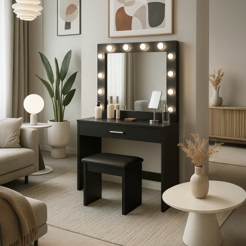 Gaia Black sminkebord makeup bord med skuffe spejl 12 LED lys skammel Kampagne
